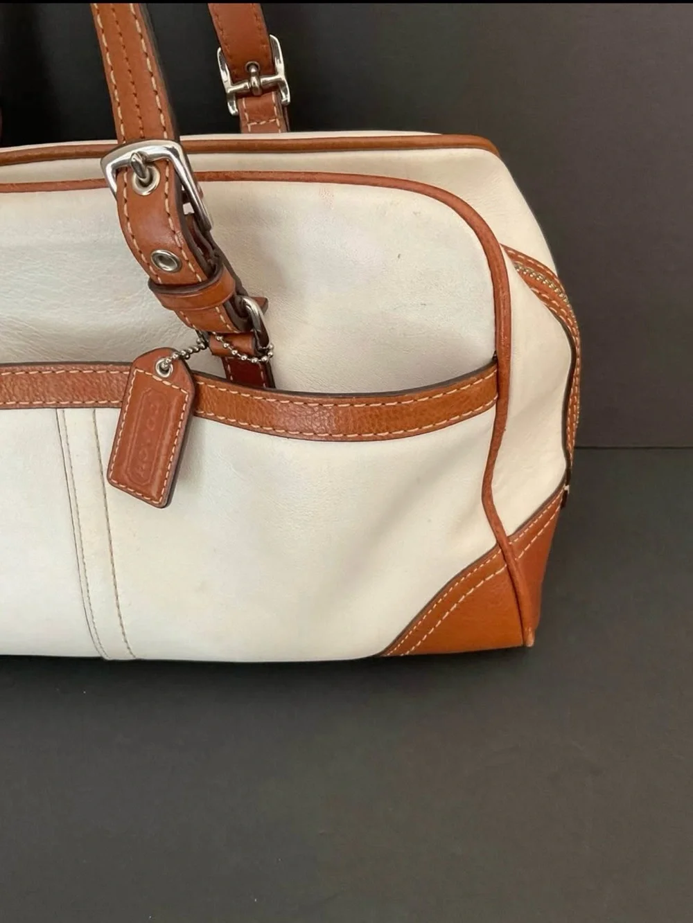 Coach Hampton Bag Doctors Satchel Shoulder Bag White & Tan Leather